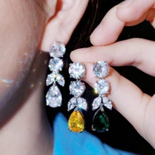 Sparkling Cubic Zirconia Leaf Dangle Earrings Silver Plated Women Bridal Jewelry