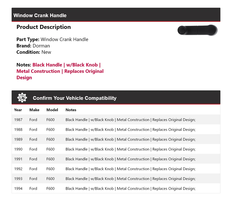 Manivela ventana Ford F600 Dorman 1987-1994 1988 1989 1990 1991 1992 1993 Foto 2 de 4