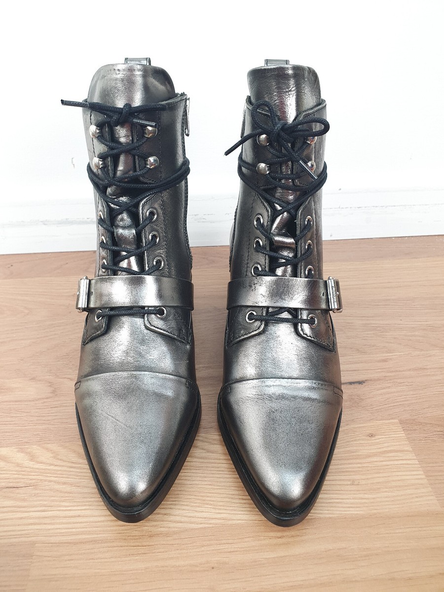 All Saints Katy Leather Ankle Boots 39 RRP £229 lace up silver biker western