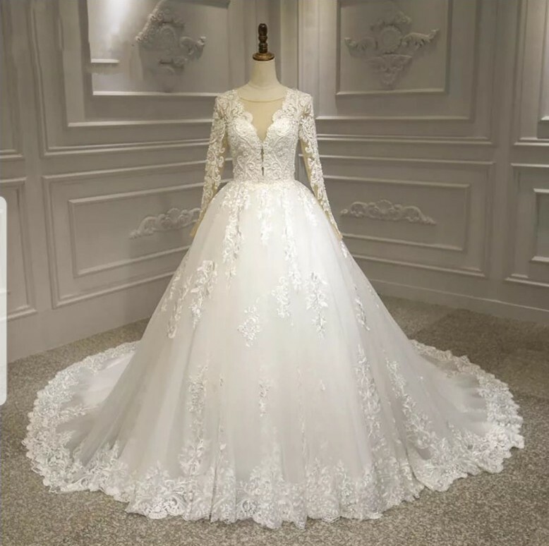 chinese dress ladies Queendancer Women Ivory Lace Wedding Dress with Sleeves A-Line V-Neck Sweep  Train Open Back Bridal Dress – queendanceruk