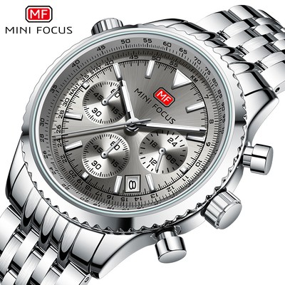 MINI FOCUS Men Watch 24 Hour Chronograph Quartz Wristwatch Male Steel Watch Gift