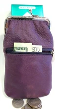 Women 100% Leather Cigarette Case Lighter Match Pocket Zipper Coin Pouch- PURPLE