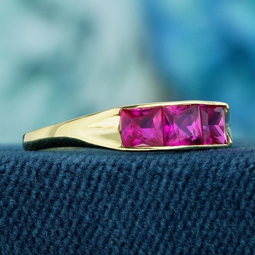 9K Yellow Gold Natural Square Ruby Vintage Style Three Stone Ring - Picture 3 of 8