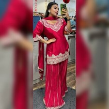 NEW STYLISH HEAVY CHINNON SILK RED SHARARA SUIT WITH DUPATTA FOR WEDDING