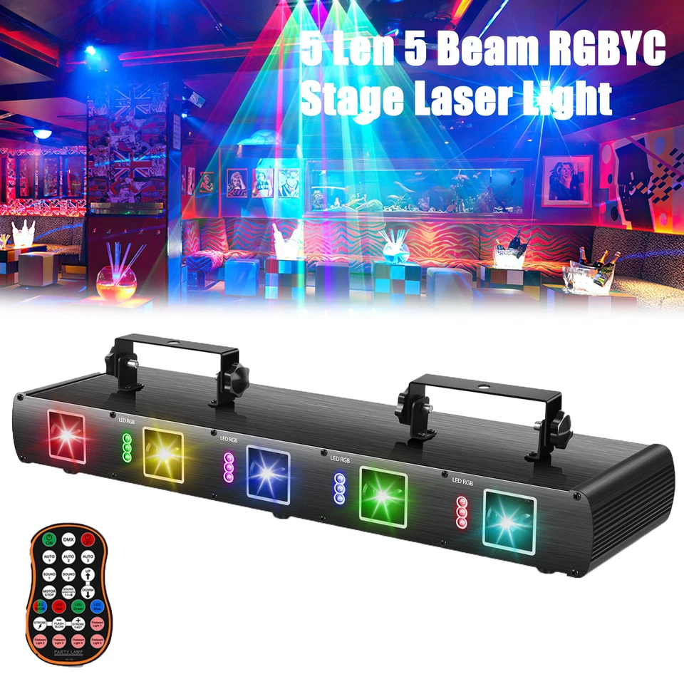 5 Lens 5 Beam RGBYC Party DJ Laser Stage Light w/Remote Projector DMX Disco Show - Image 3 of 4