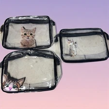 Cat Transparent Cosmetic or School Storage Bags Set of 3 Zippered Top 9.5 in