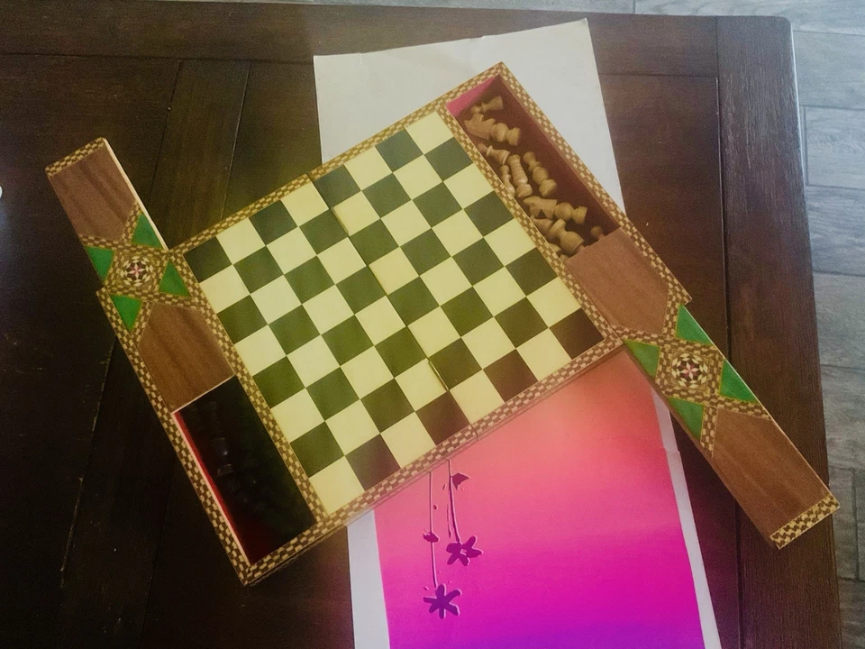 Middle Eastern Syrian Inlaid Marquetry Mosaic Inlaid Folding Chess Board Vintage - Image 3 of 4