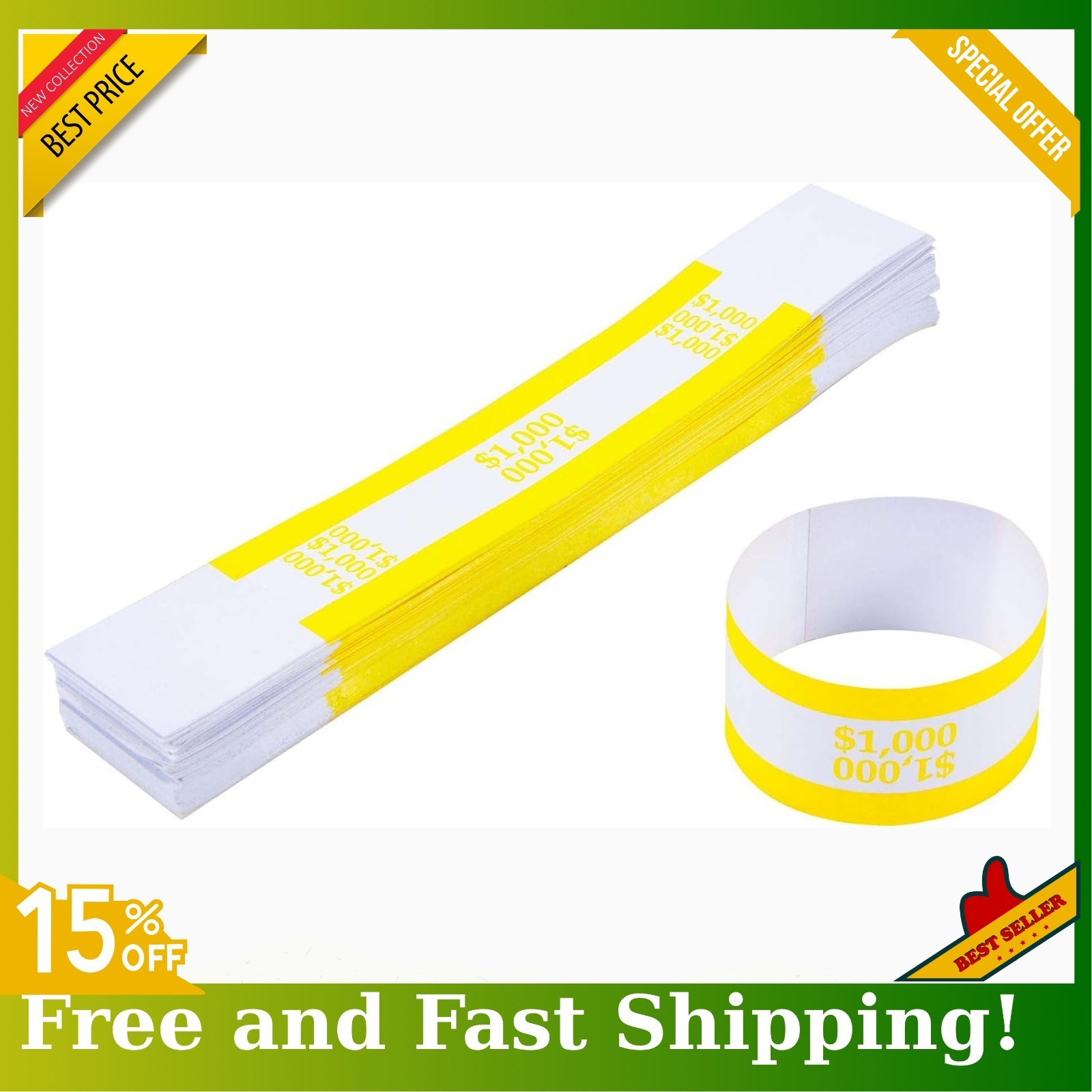 New Pack of 100 Yellow Currency Straps for $1000 Bills, Free Shipping! NEW!!!