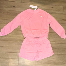 Women's Pink Cotton 2-Piece Sweatsuit Set size L Crewneck  Shorts