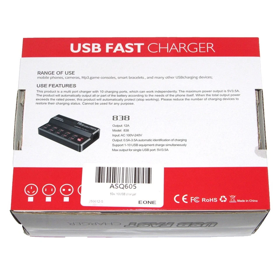 5V 12A 50W 10 USB Output PORTS Fast Charger Power Adapter With AC Wall Charger - Image 3 of 4