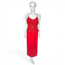 MEDICI Vtg Two-Piece Dress Outfit Set Size 12 *10 Red Silk Beaded Top Maxi Skirt