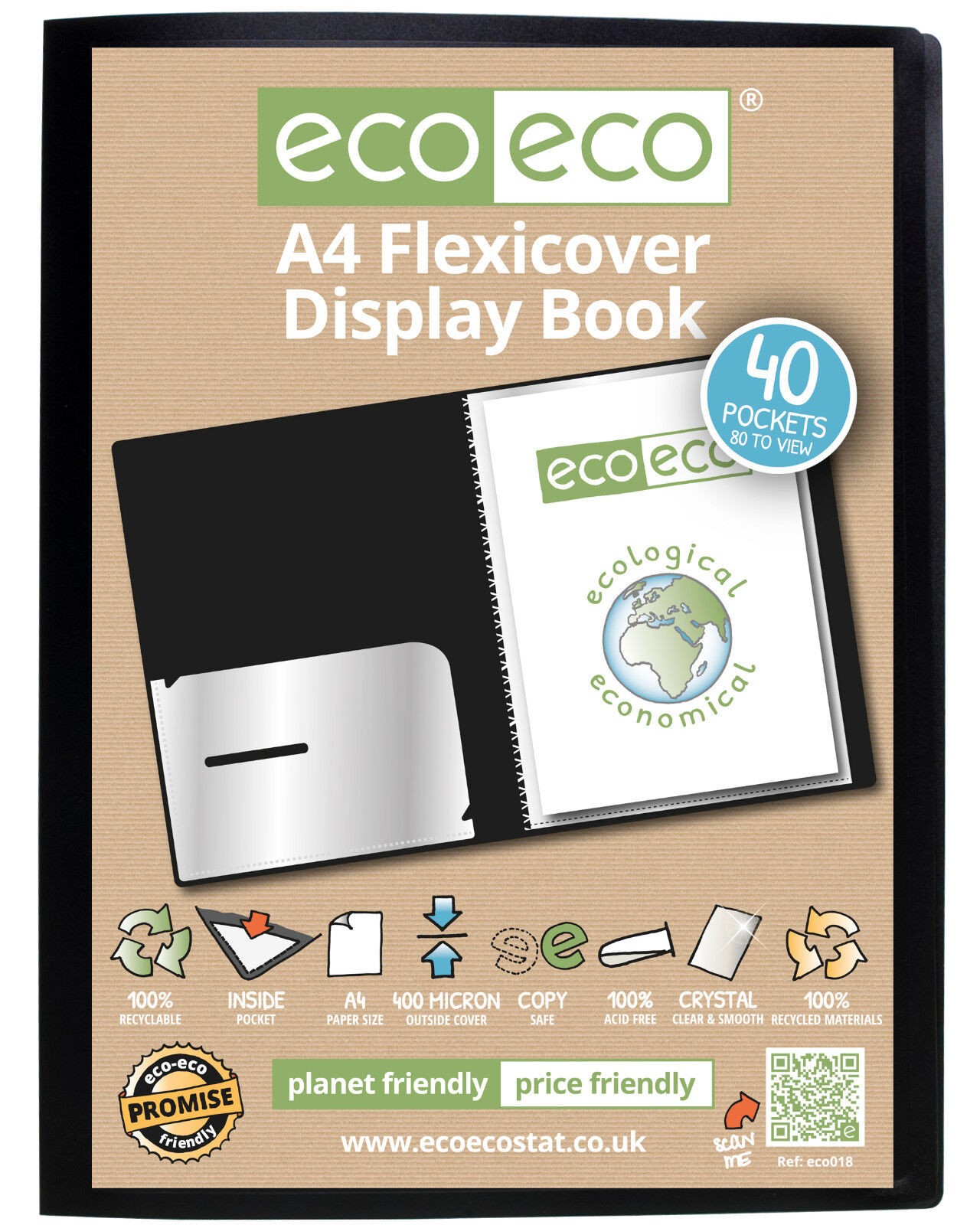 eco-eco A4 100% Recycled 40 Pocket Flexicover Display Book Black Home Office