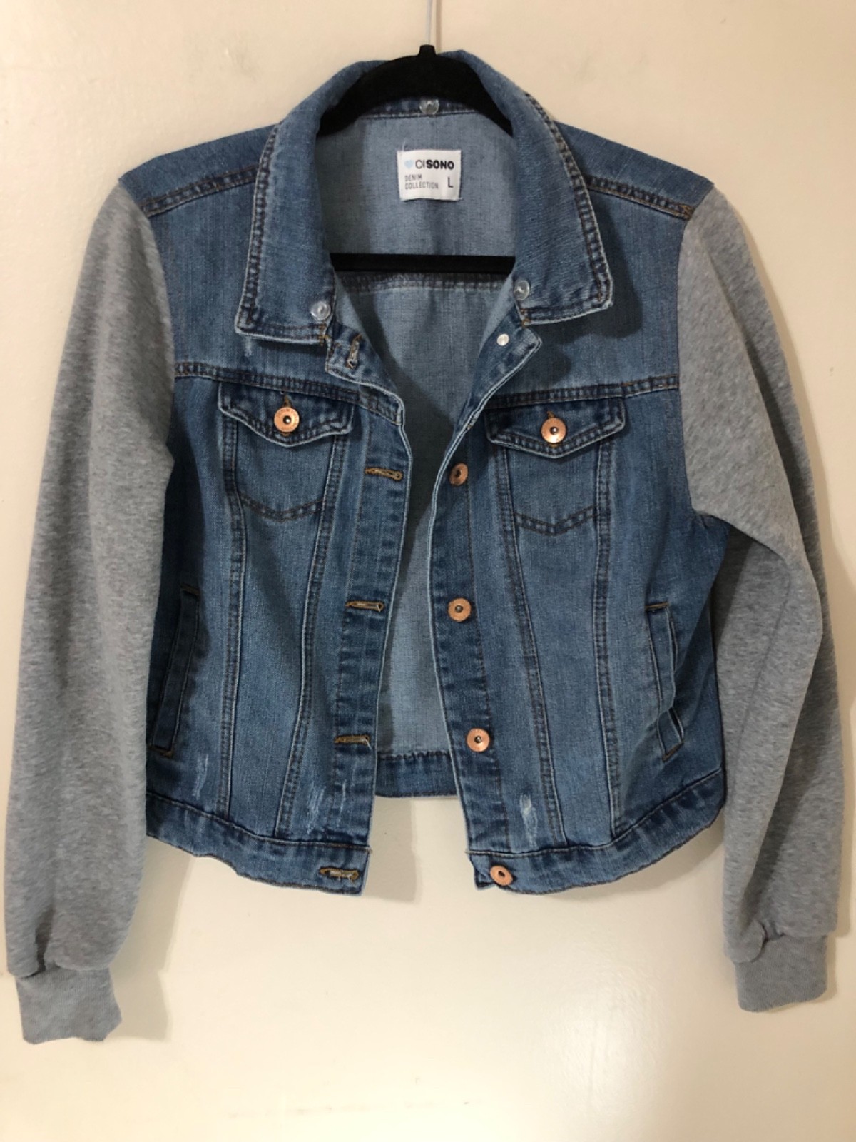 Denim Jacket Juniors L Gray Distressed Denim Jacket Gray Knit Sleeves 34