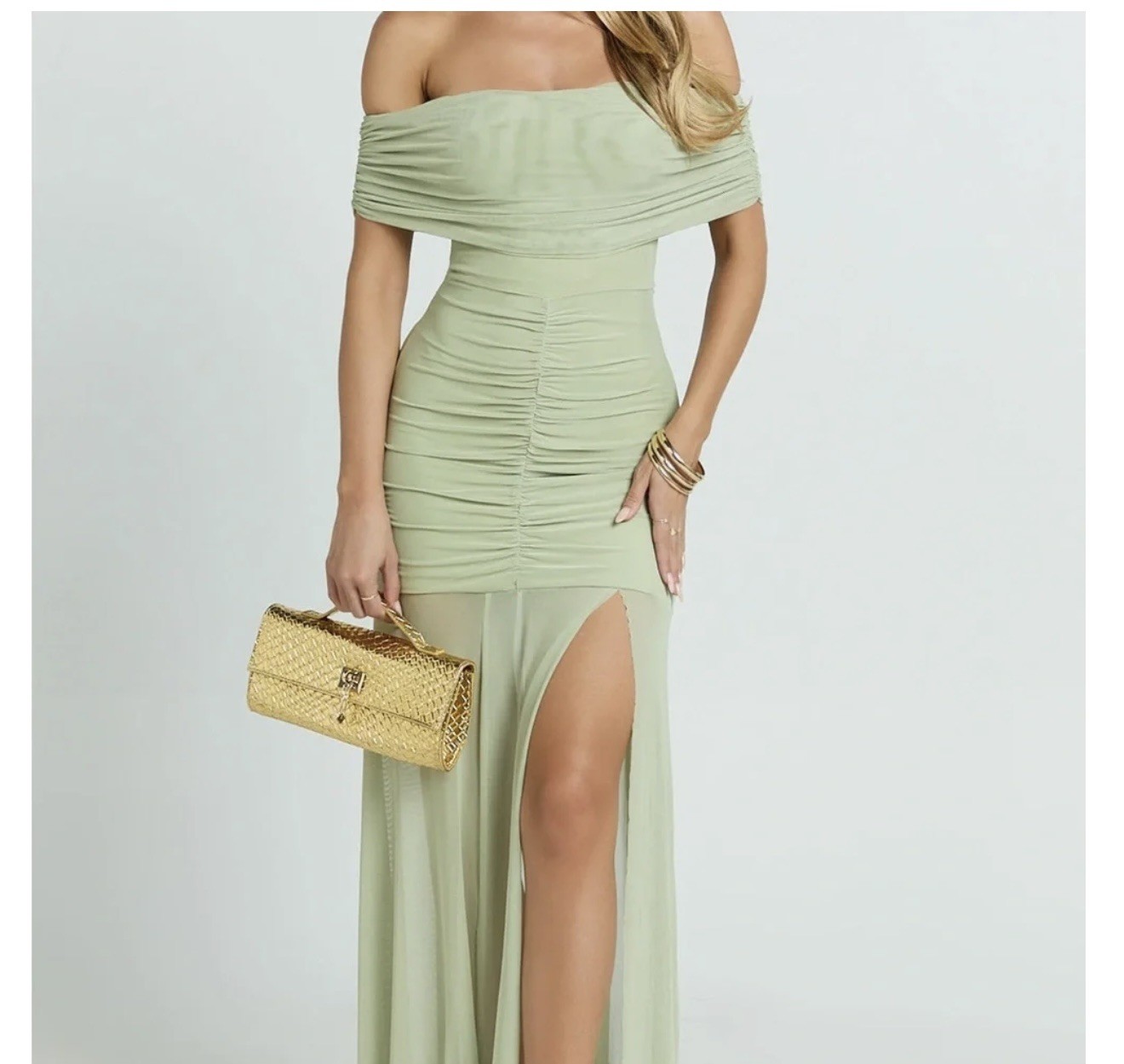 Showpo Alanna Maxi Dress Off Shoulder Ruched Mesh Dress Size 6 Sage