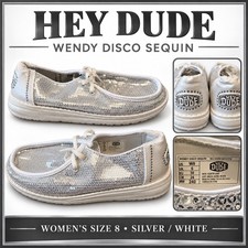 HEY DUDE Wendy Disco Sequin Womens Size 8 Silver White Slip On Loafer Shoes