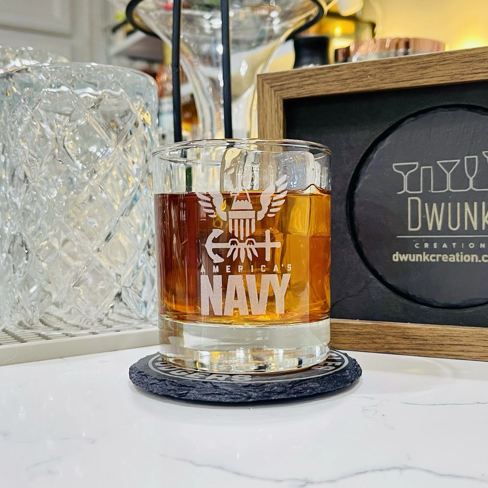 Engraved US Navy Rocks Glass
