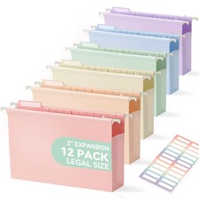 Plastic Legal Size Hanging File Folders 2 Inch Pastel Expanding Pocket 12 PCS