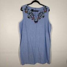 Talbots Sz 16W Blue Sleeveless Embroidered Butterfly Linen Blend Shift Dress NWT
