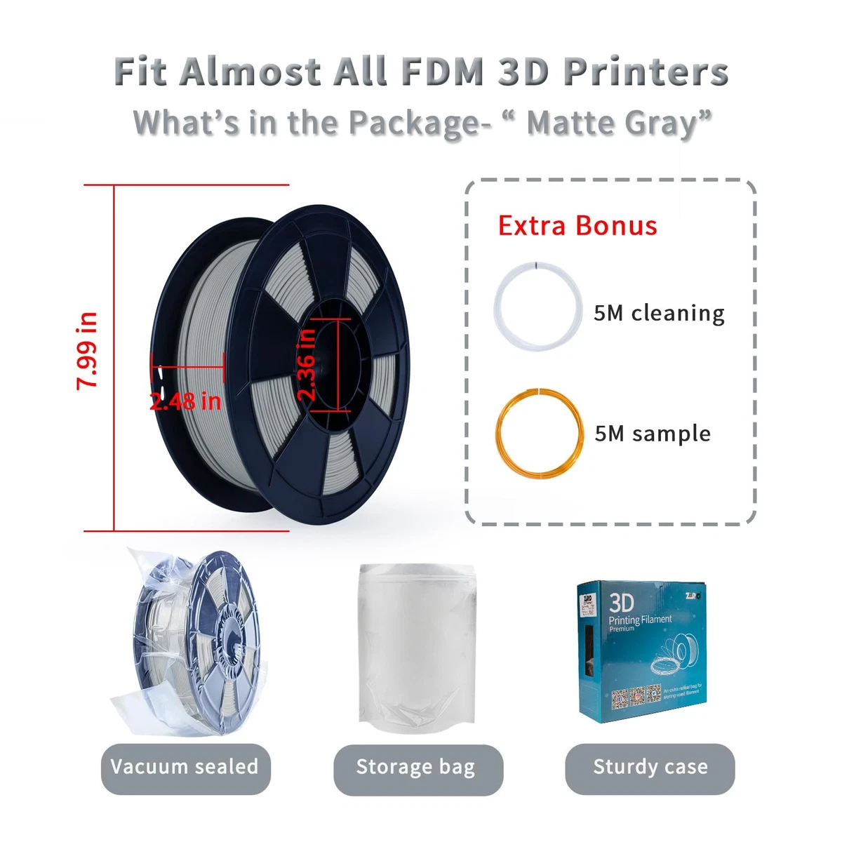 Filament PLA Mat 1.75mm pour Imprimante 3D 1 kg Gris Acide Polylactique