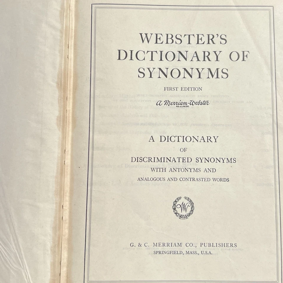Webster’s Dictionary of Synonyms 1951 1st Edition Hardcover Indexed - Image 2 of 4