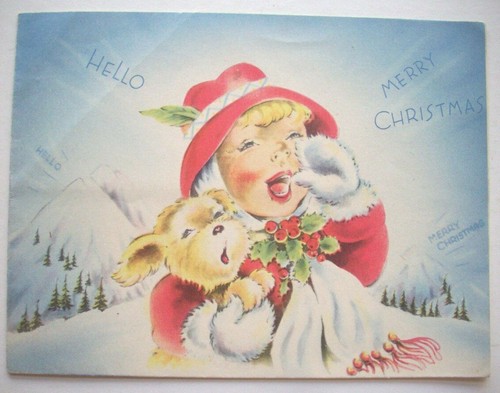 40's 50's pop up Alps Girl w dog yodeling Christmas greeting card *B7