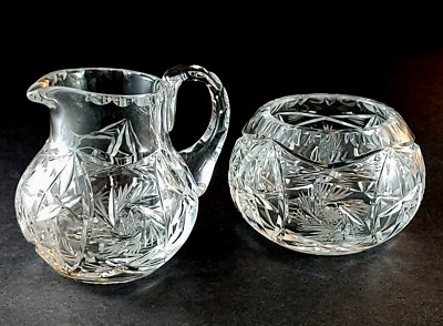 Vtg American Cut Crystal 'Eleanor' Cream & Sugar Set Pinwheel HobStar