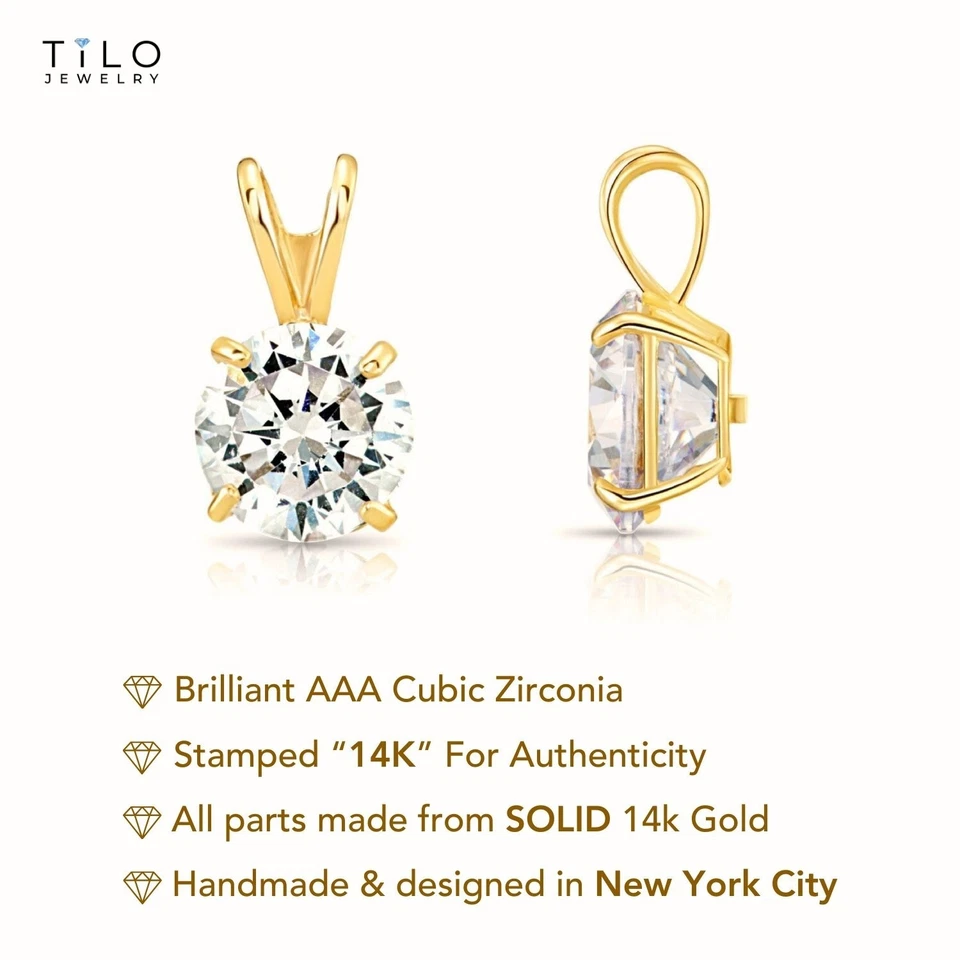 14K Solid Yellow Gold Solitaire Round Brilliant Pendant Charm Necklace 4mm-9mm - Image 2 of 4