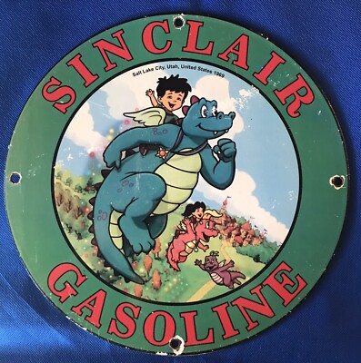 1969 VINTAGE STYLE SINCLAIR WITH THE FUN DINOSAUR 12 INCH PORCELAIN SIGN