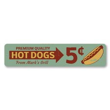 Premium Quality Hot Dogs Sign, Personalized Food Arrow 5 Cents Metal Wall Decor
