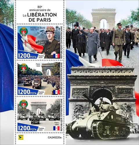 WWII Liberation of Paris De Gaulle MNH Stamps 2024 Central African M/S + S/S - Picture 2 of 3