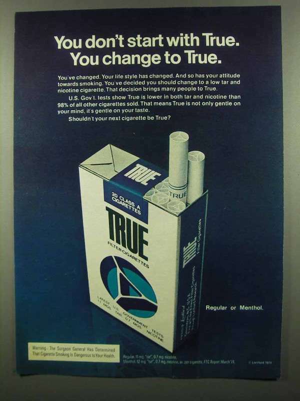 1974 True Cigarettes Ad