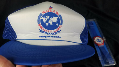  Rare Vintage Seattle 1990 Goodwill Games Snapback Hat Cap Blue White and Watch