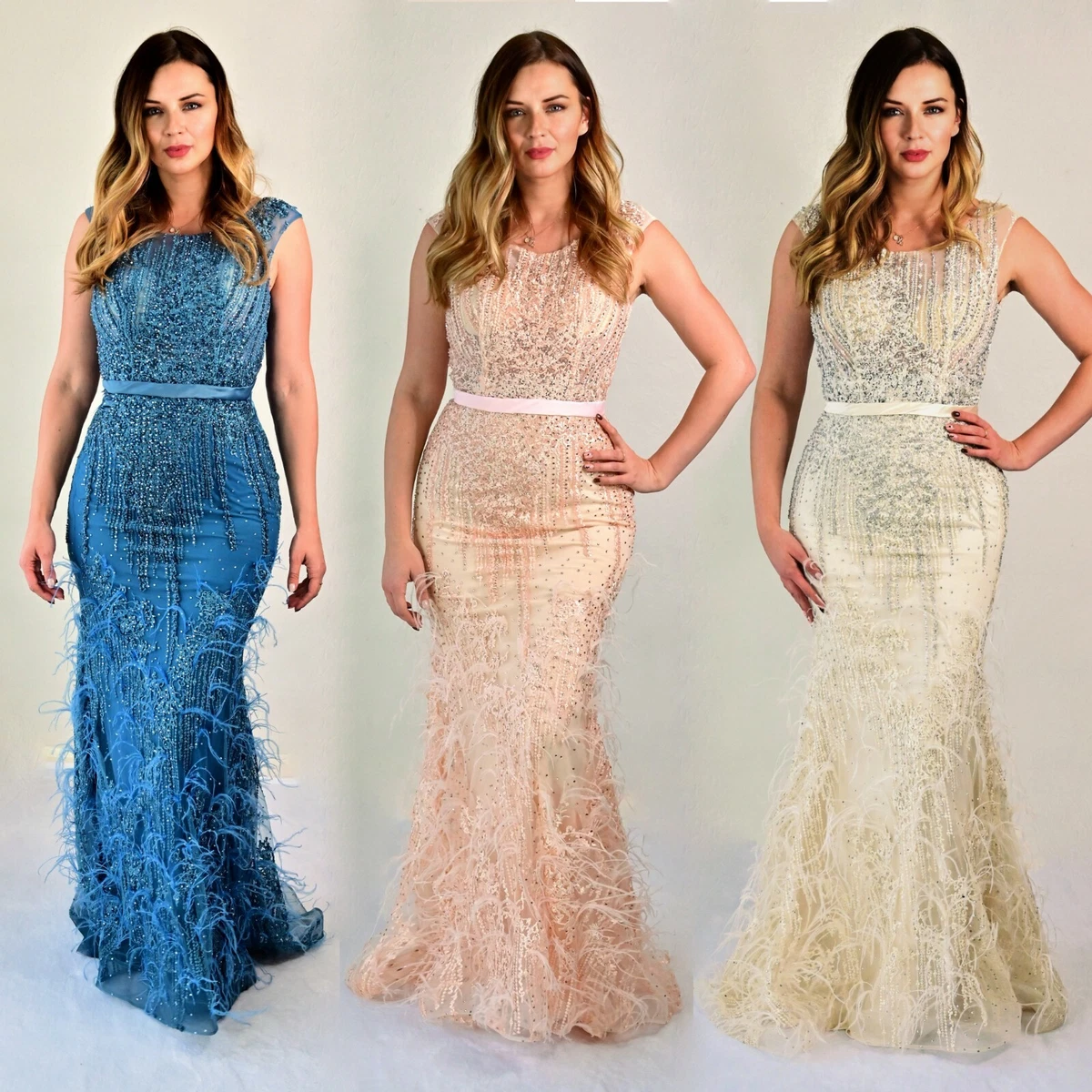 Fully Embellished Maxi Gown Fishtail Formal Evening Dress Swarovski crystals