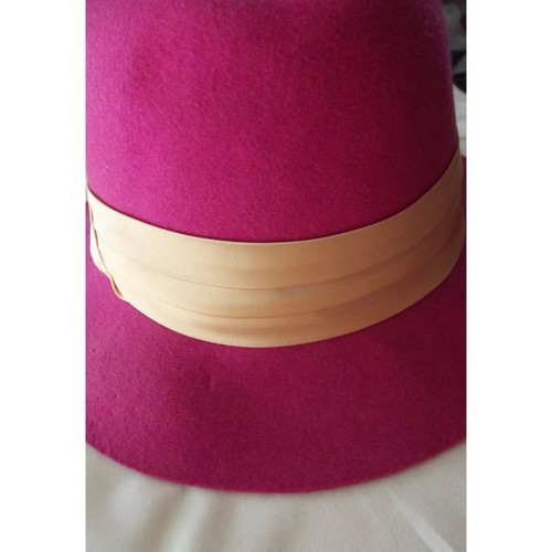 Womens Hat Size Medium Vtg Fuchsia Pink Fedora 100% Wool Ivory Satin Ribbon Band - Picture 6 of 20