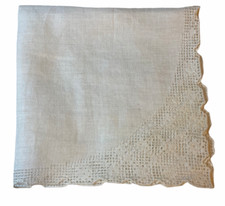 Vintage Ladies Hankie Off White Linen with Drawn Thread Work Floral 10.5"x10.5"