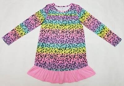 SO Girls Neon Rainbow Leopard Print Nightgown w/ Pink Ruffle Hem - Size 10 