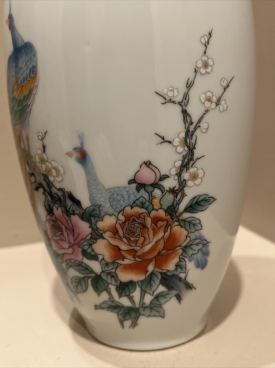 Vintage Japanese Porcelain Vase -Peacocks & Cherry Blossom White W
