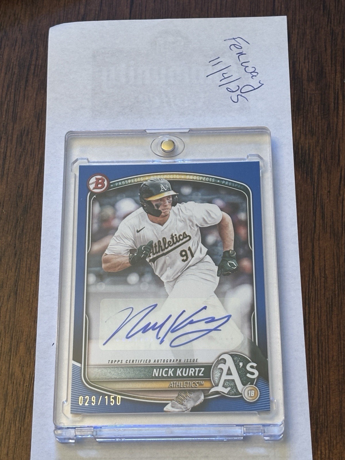2025 Bowman Prospect Auto Nick Kurtz Blue /150 #BPA-NK Athletics