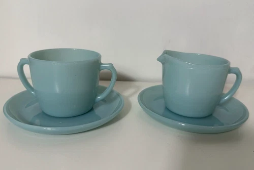 Vintage Fire King Turquoise Blue Delphite Sugar & Creamer Set With Saucer