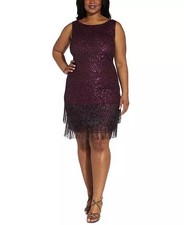 Adrianna Papell Plus Hand Beaded Sequined Fringed Shift Dress Purple Cassis 16W