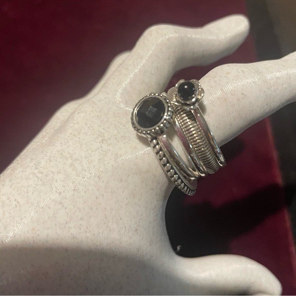 Silver Tone Stackable Statement Ring Set with Bla… - image 1