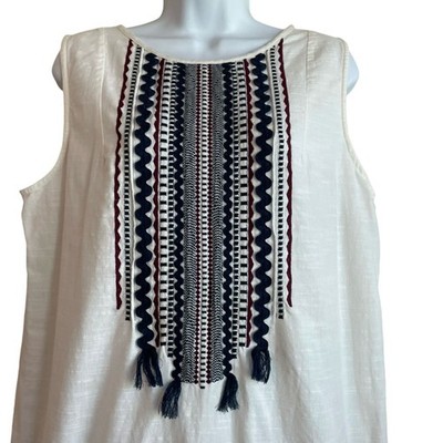 White Stuff Embroidered Boho Mini Shift Dress 12 White Tassel Artsy Day Dress