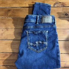 Silver Jeans Co Women 16 (34x25) Blue Denim SUKI Skinny Crop Embroidered Stretch
