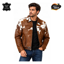 Men's Genuine Cowhide Leather Jacket Brown White Hair On Hide Western Coat
