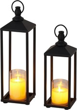 17" 13" Lanterns Outdoor Indoor Set of 2 Metal Lantern with Flameless LED Candle