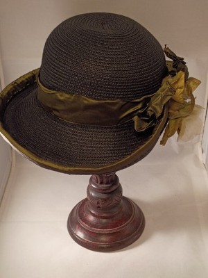 Queen of Hats Portland Maine Black Straw Hat with Khaki Green Ribbon and Flowers