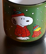 Peanuts Snoopy and Woodstock Red Puffer Christmas Winter Green Ceramic 20 Oz Mug
