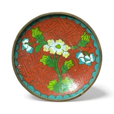 Antique Cloisonné trinket dish Flowers 1920s Rust aqua green White China