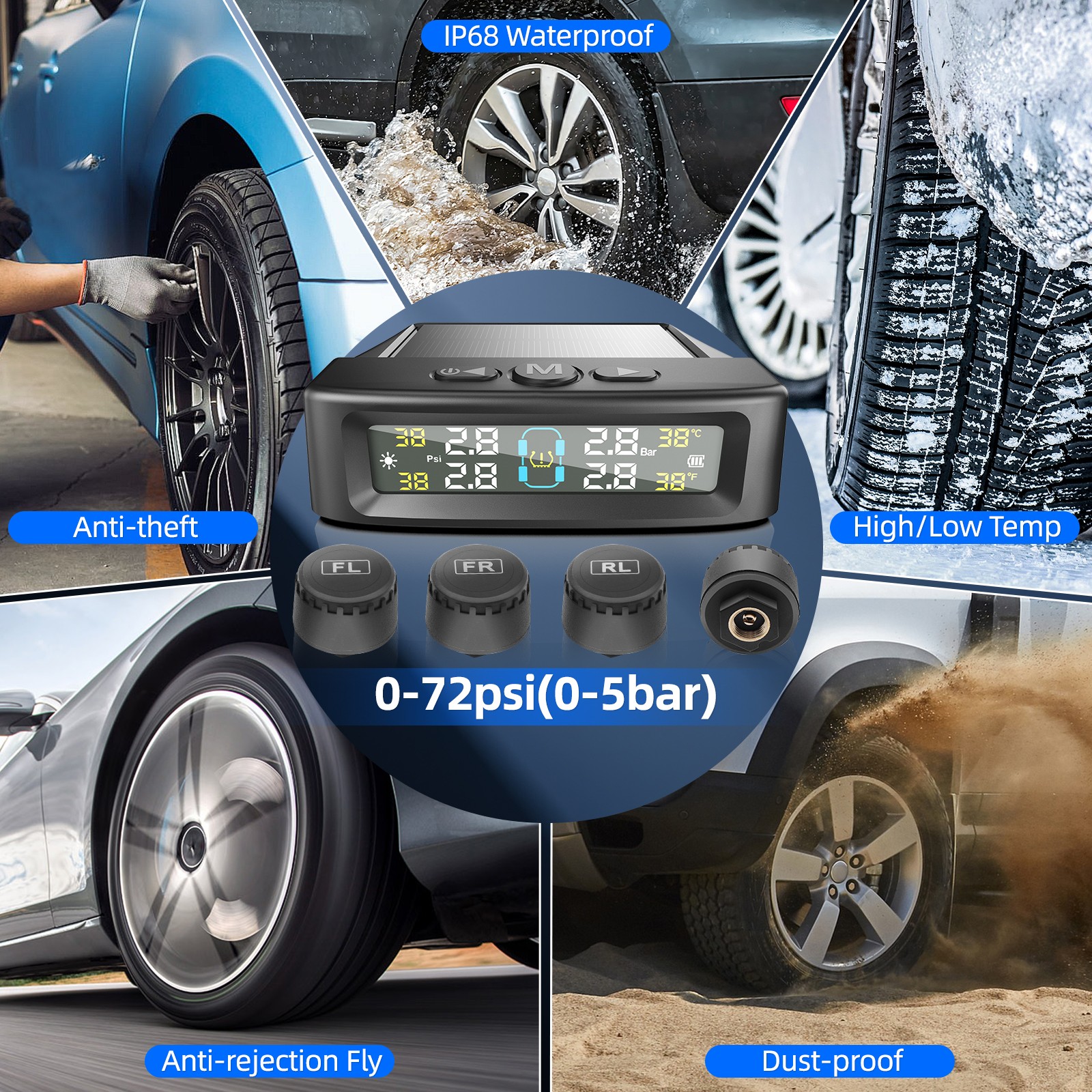 Wireless Car Solar TPMS LCD Tire Pressure Monitoring System+4 External Sensors