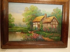 Signed "Marten"  Country Cottage Original Oil Painting , Mid Century